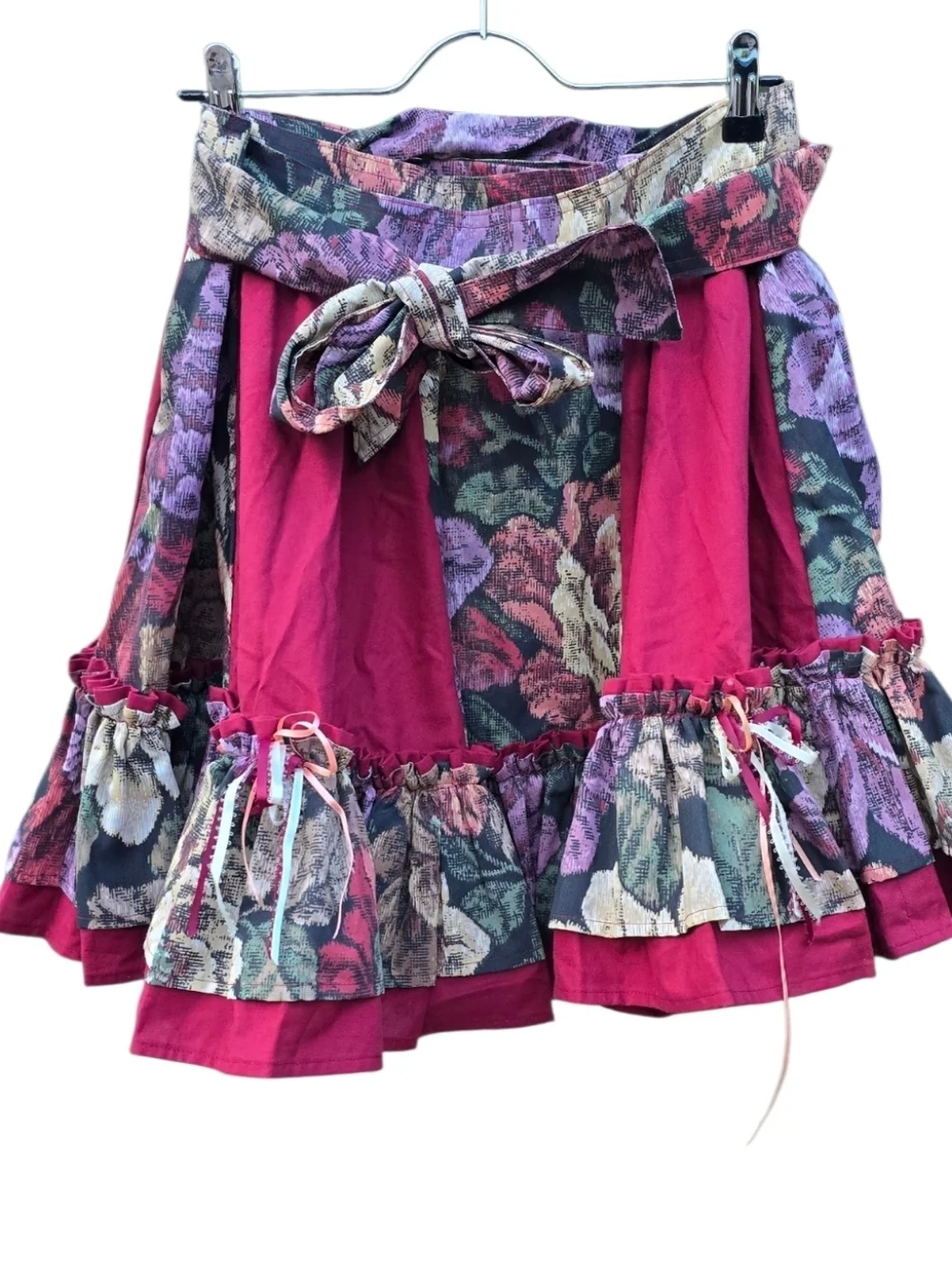 Vintage Cottagecore Floral Tiered Ruffle Mini Skirt Coquette Boho Burgundy Small